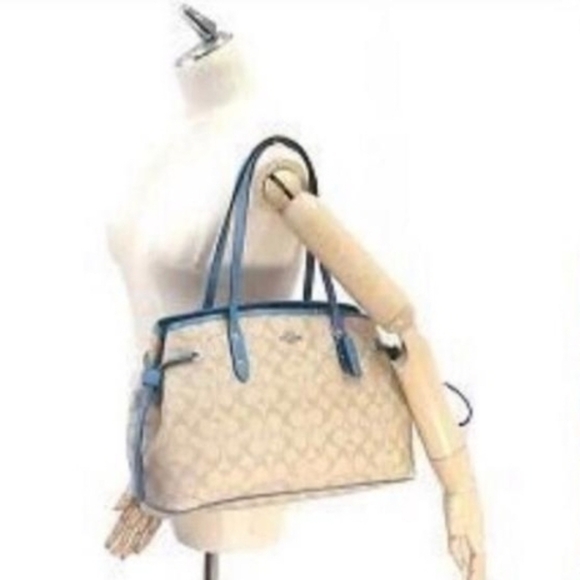 COACH Luxury Signature Tote Bag Beige/Blue 20in x 9in - Picture 2 of 15